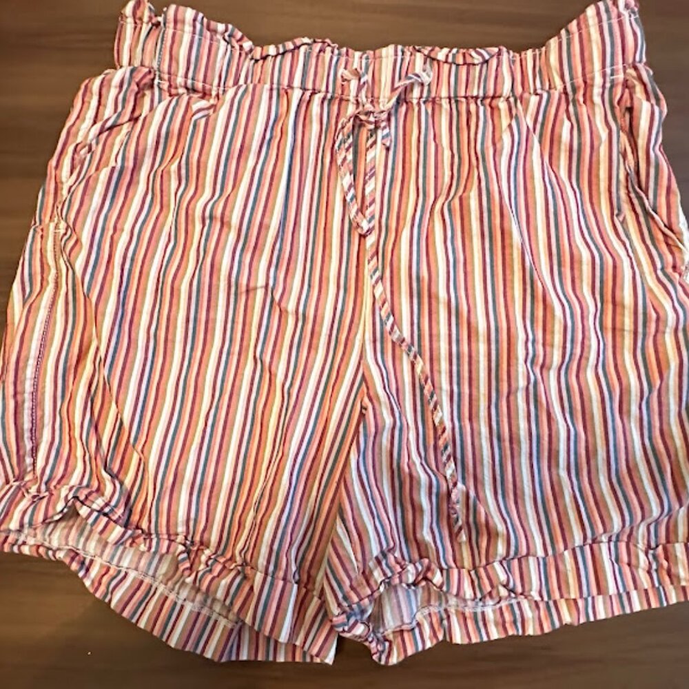 Madewell Drawstring Pull-On Mid-Length Shorts in Rainbow Stripe | Womens L